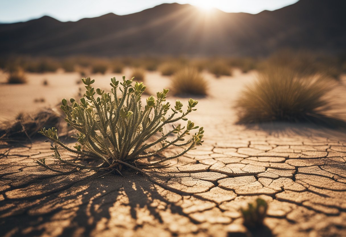 A dry, cracked desert landscape with parched plants and a sun beating down