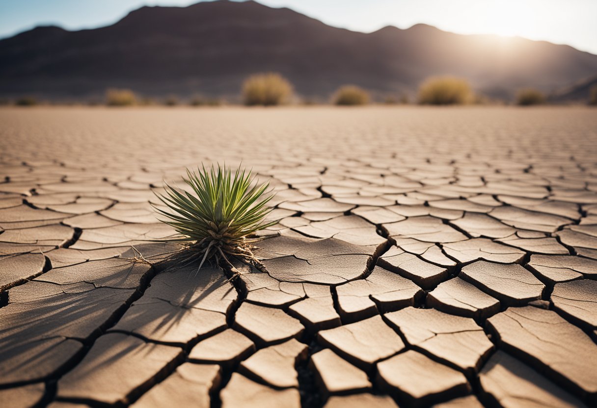 A serene desert landscape with cracked earth and a withered plant, symbolizing dehydration and the need for skincare