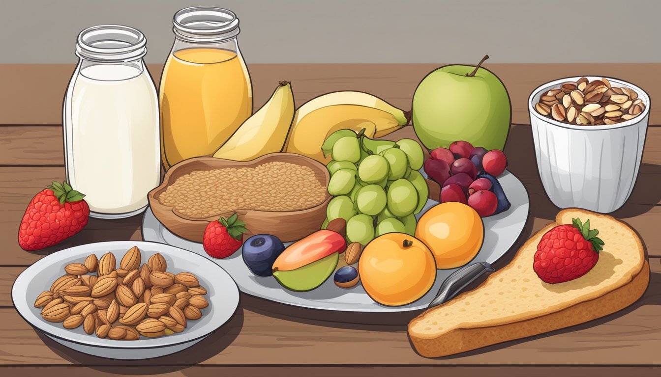 A table with a variety of fresh fruits, whole grain bread, yogurt, and a selection of nuts and seeds. A menu board displays nutritional information and healthy breakfast options available until 11 am