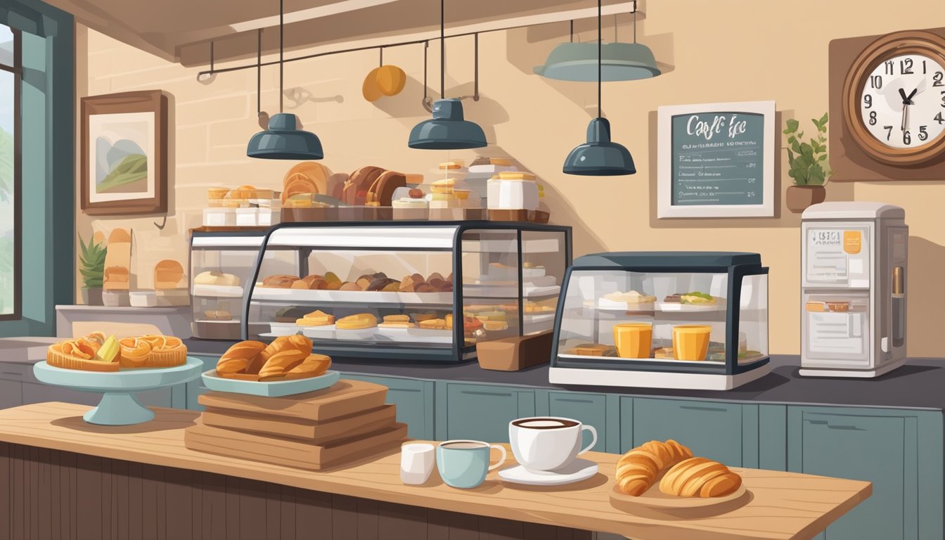 A cozy cafe with a variety of breakfast items displayed on a counter, including pastries, fruits, and coffee. The clock on the wall reads 10:45