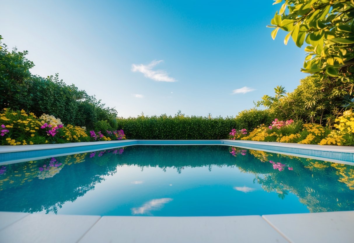 Uma piscina serena e cristalina cercada por uma vegetação exuberante e flores vibrantes, refletindo o céu azul claro acima.