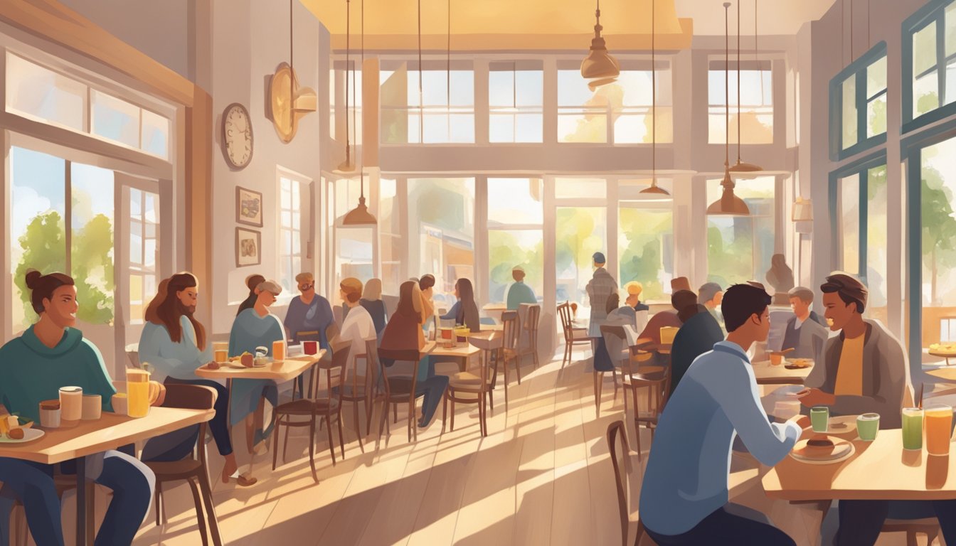 A cozy café with sunlight streaming in, offering a variety of breakfast options until 11am. Tables are filled with patrons enjoying their morning meals