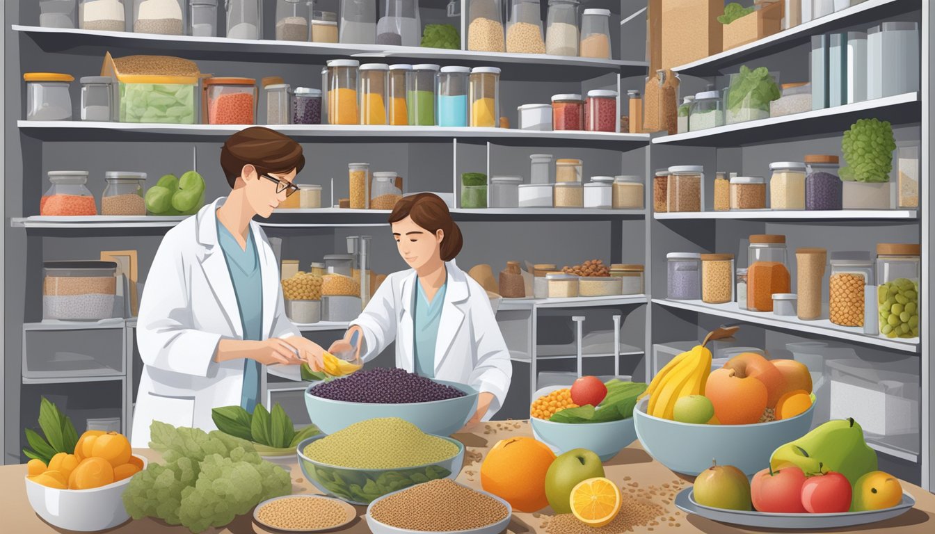 A person in a lab coat mixing grains and fruits in a bowl, surrounded by shelves of food and nutrition books