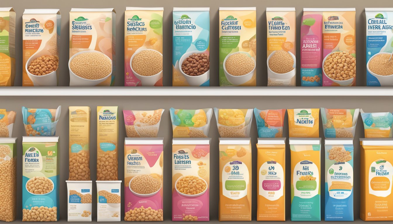 A variety of cereal boxes arranged with visible nutrition labels, emphasizing fiber content