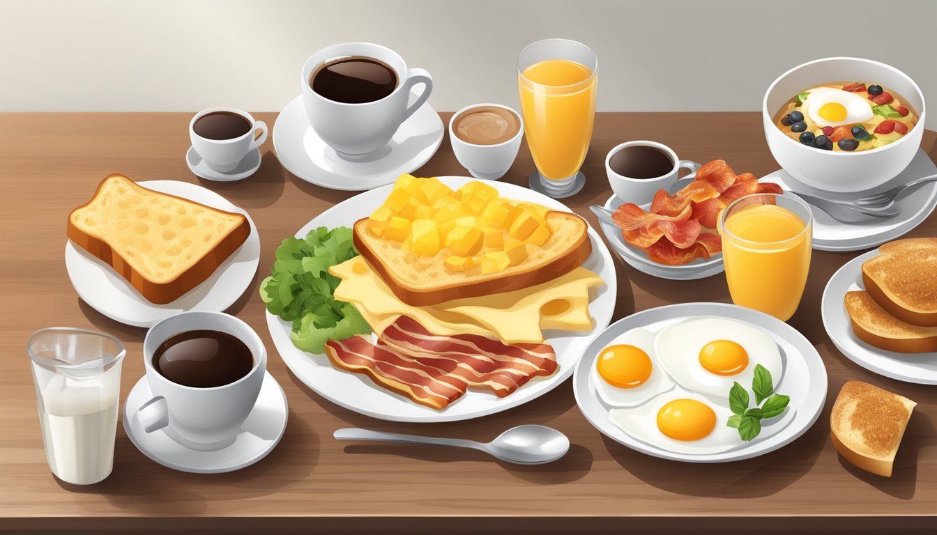 A table set with a variety of breakfast foods and ingredients, including eggs, bacon, toast, fruit, and coffee