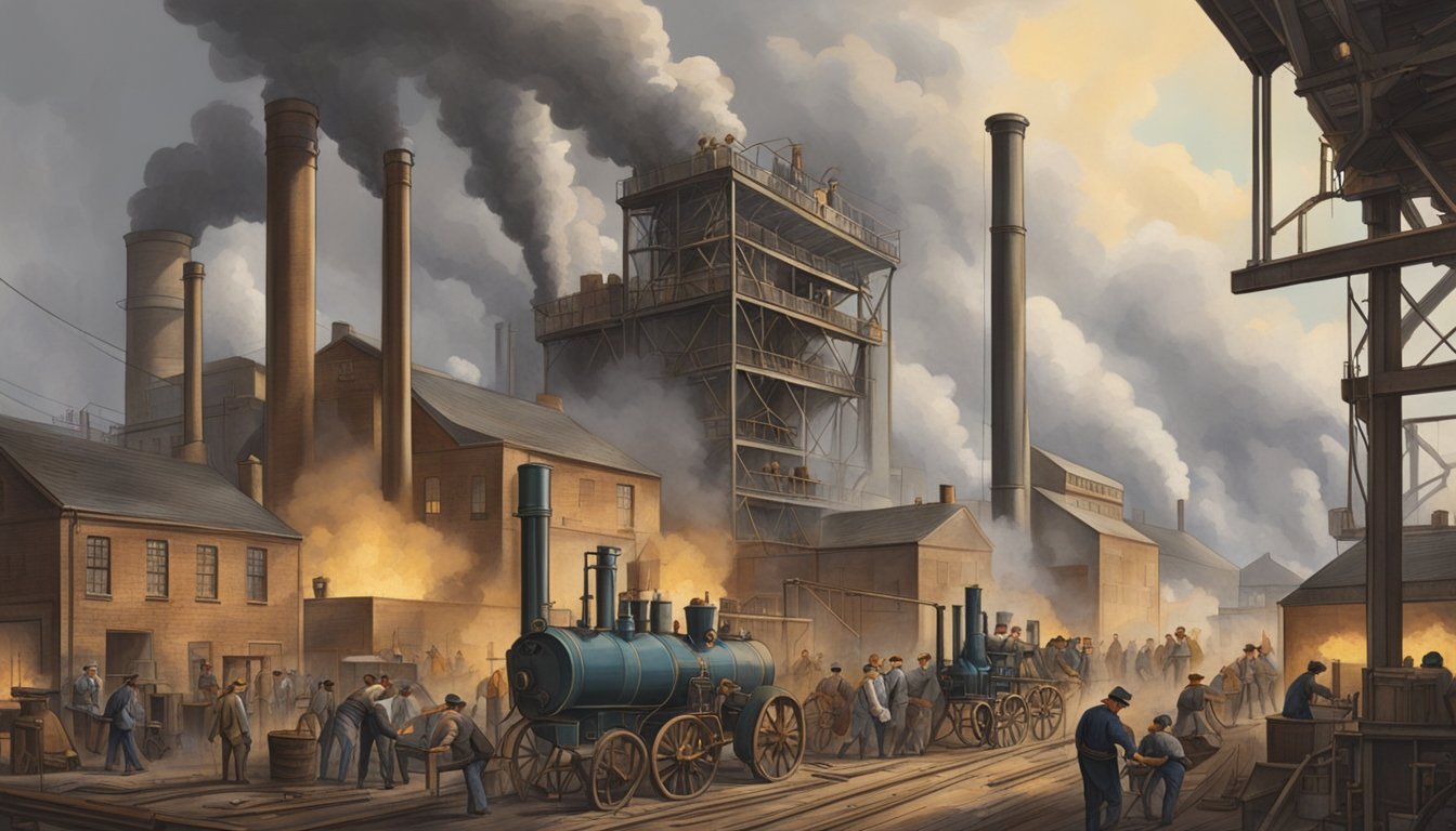 Smokestacks billowing, machines churning, and workers toiling in a bustling factory during the Industrial Revolution