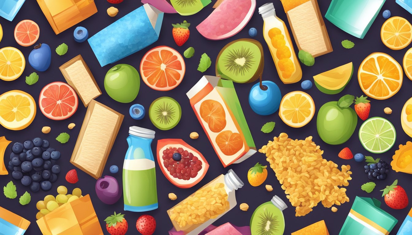 A colorful array of cereal boxes with various fiber content, surrounded by fruits and grains