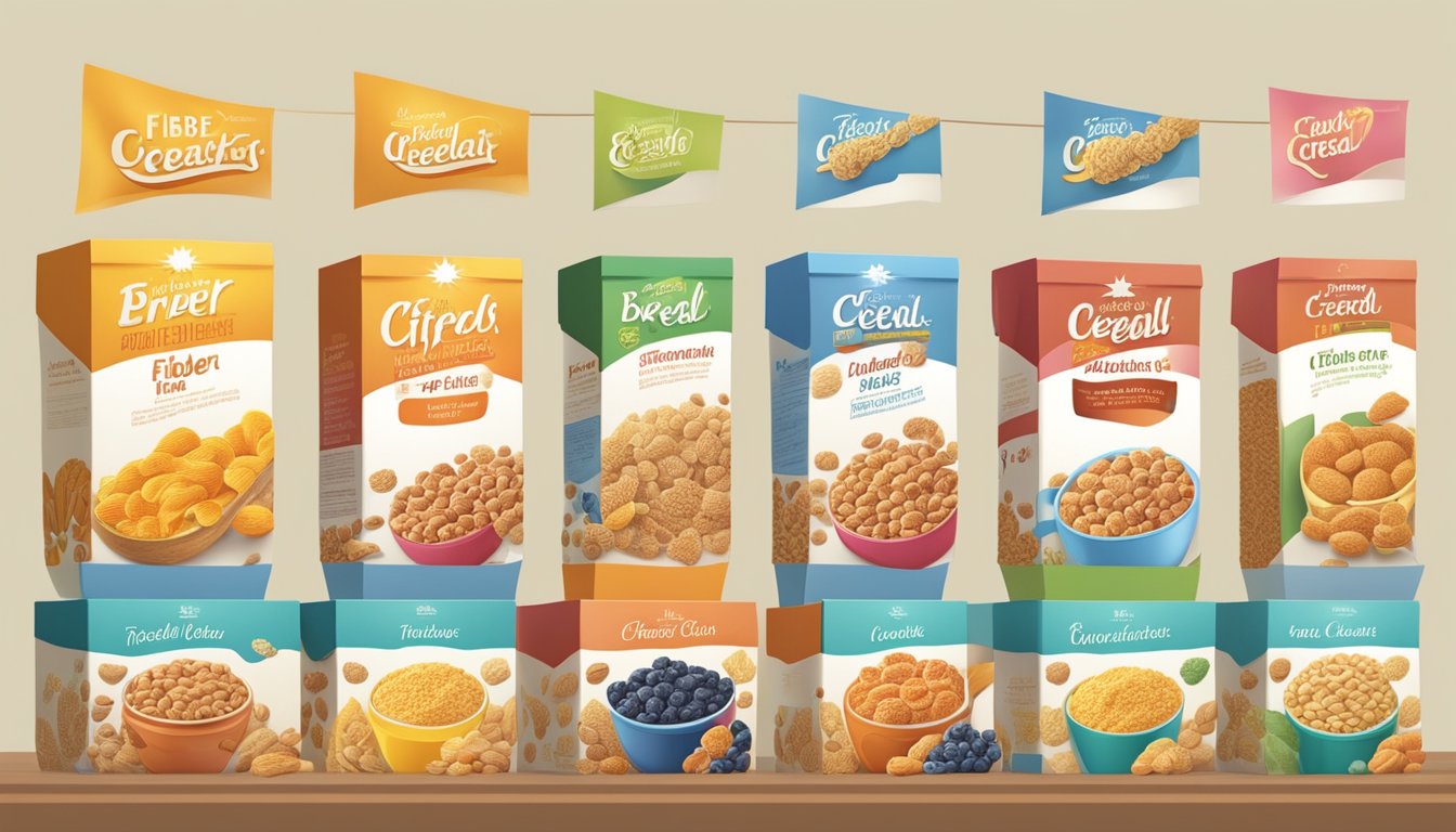 A table with various boxes of breakfast cereal, each labeled with its fiber content