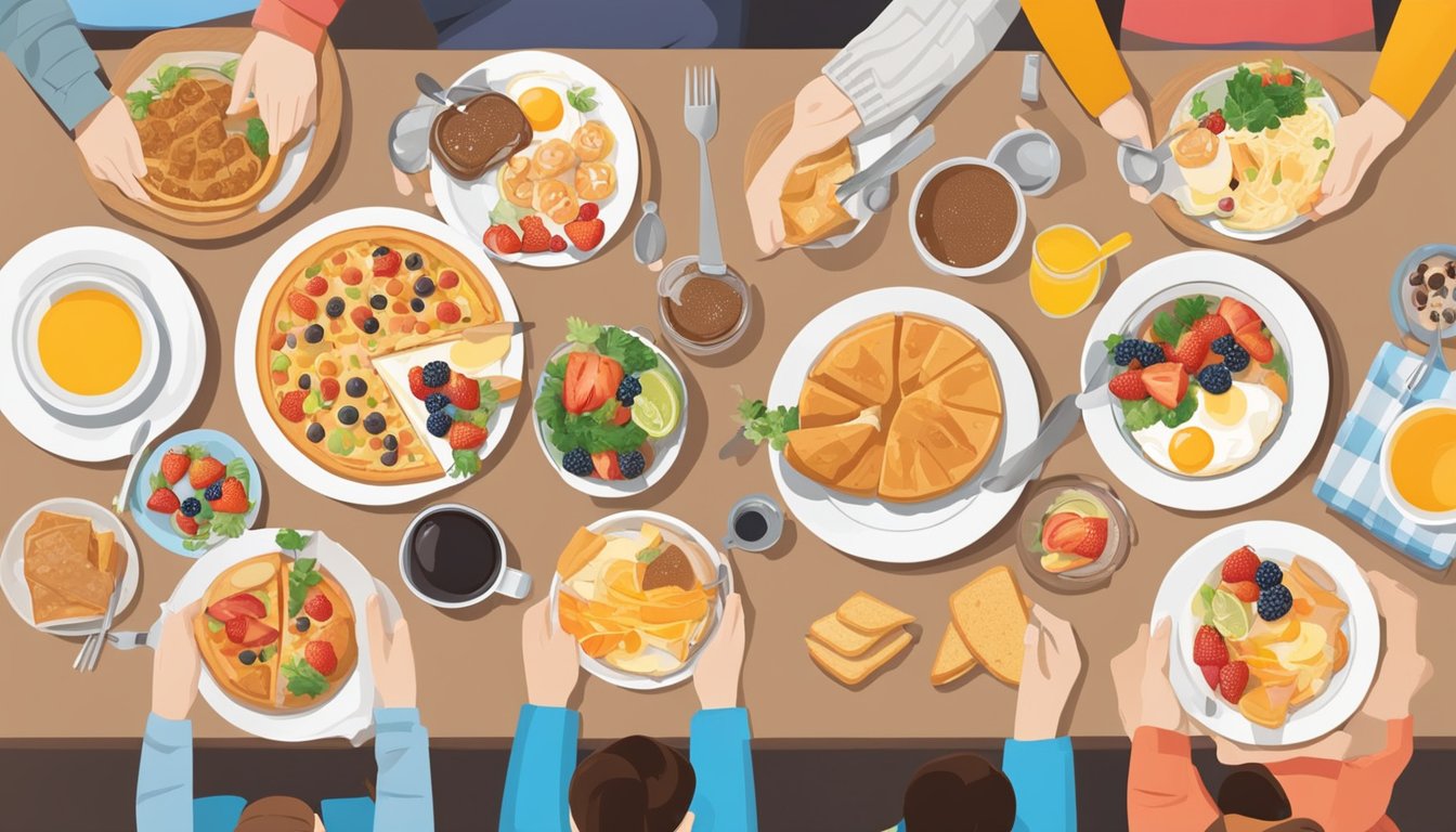 A table with various breakfast foods and beverages, surrounded by people of different ages and backgrounds. Some are eating, others are taking photos for social media