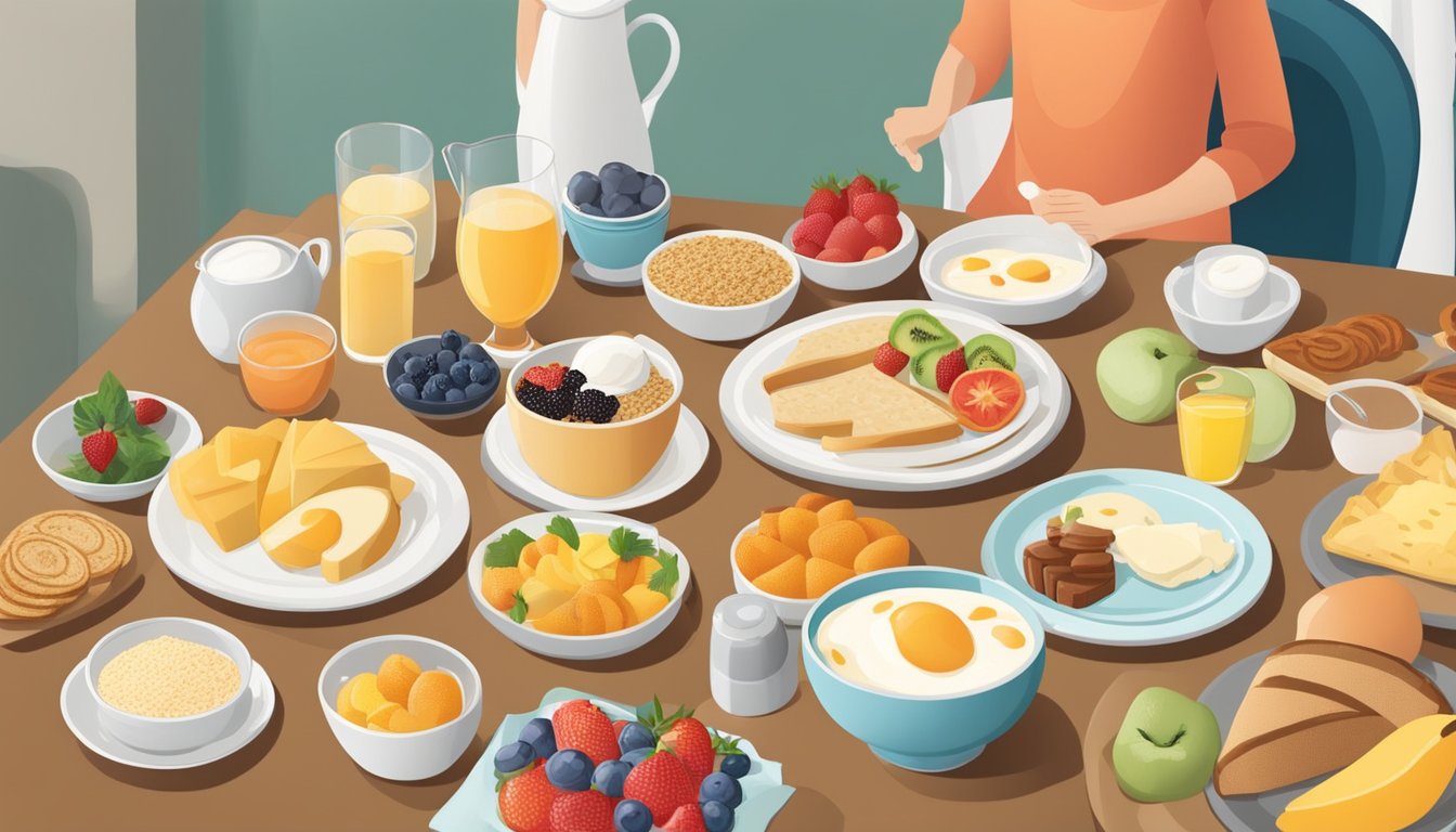 A table set with a variety of breakfast foods, including fruits, grains, and dairy products, with a person serving the meal