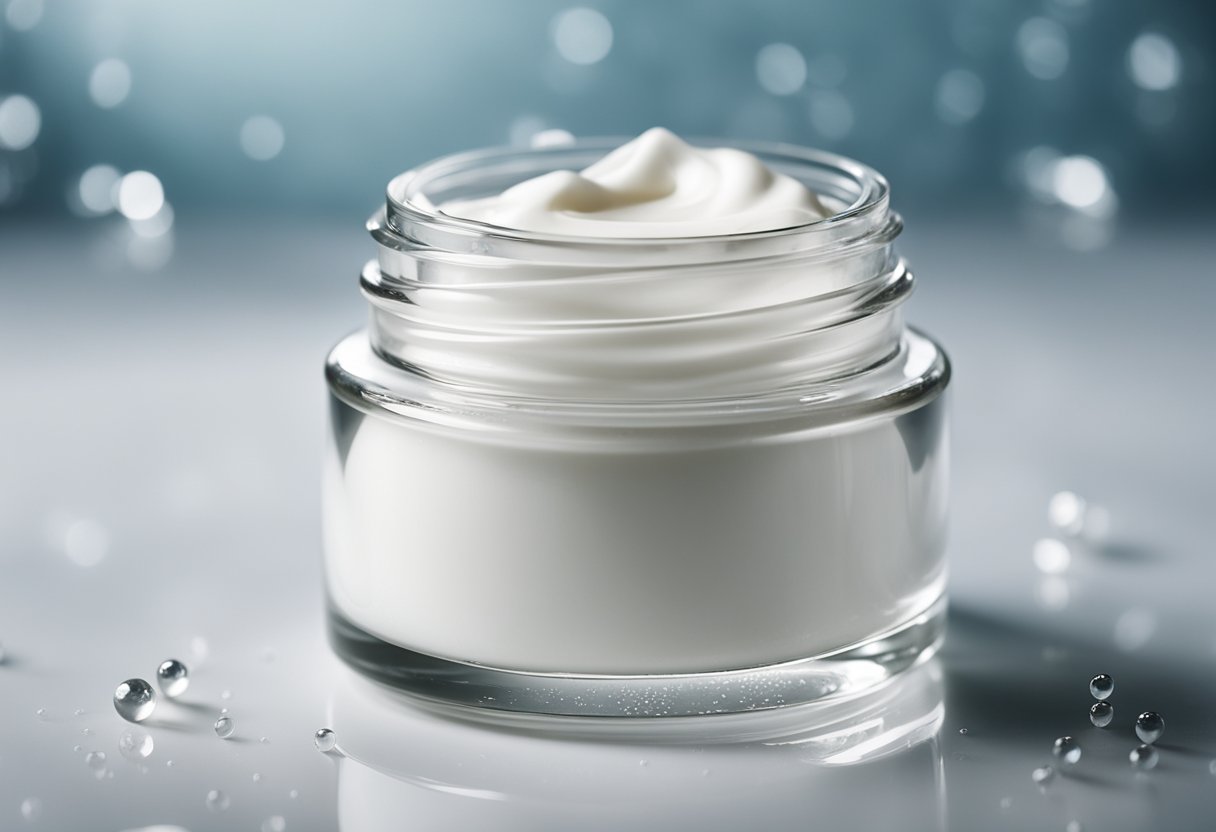 A glass jar of moisturizer surrounded by droplets of water on a clean, white surface