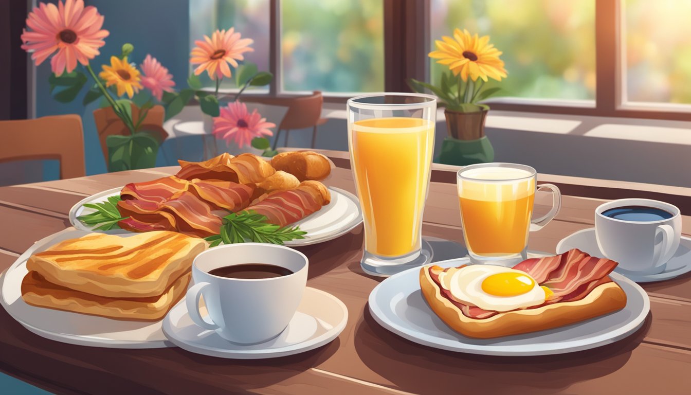 A cozy breakfast restaurant with steaming coffee, fresh pastries, and sizzling bacon and eggs on the menu. Tables are set with colorful napkins and cheerful flowers