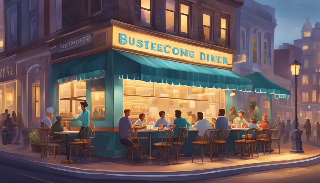 A cozy diner with a welcoming sign, surrounded by bustling streets and a few early risers enjoying a late breakfast