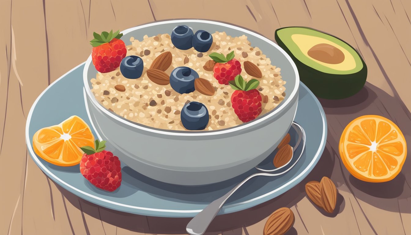 A bowl of oatmeal topped with fresh berries, chia seeds, and a sprinkle of almonds sits on a wooden table next to a glass of orange juice and a plate of whole grain toast with avocado