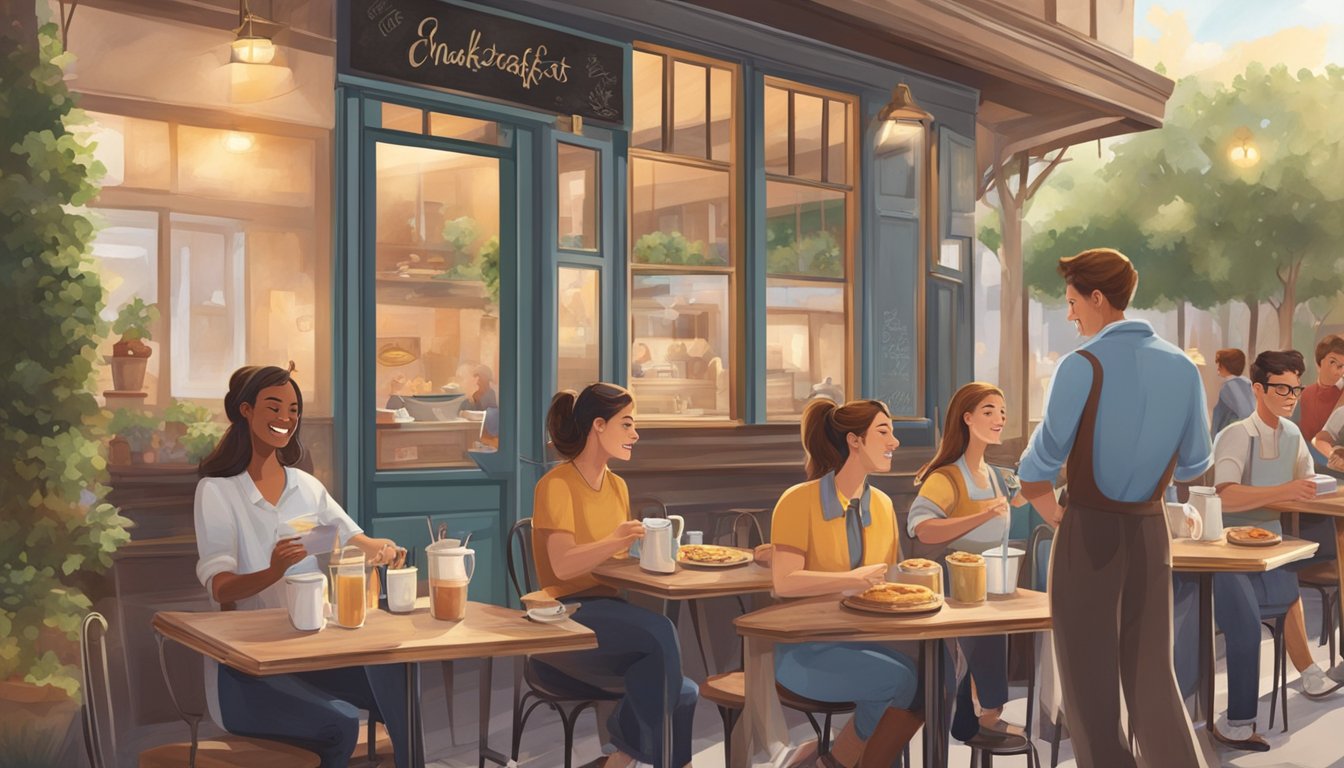 A cozy breakfast cafe with outdoor seating, a chalkboard menu, and a bustling atmosphere. A server delivers steaming plates of food to a group of customers