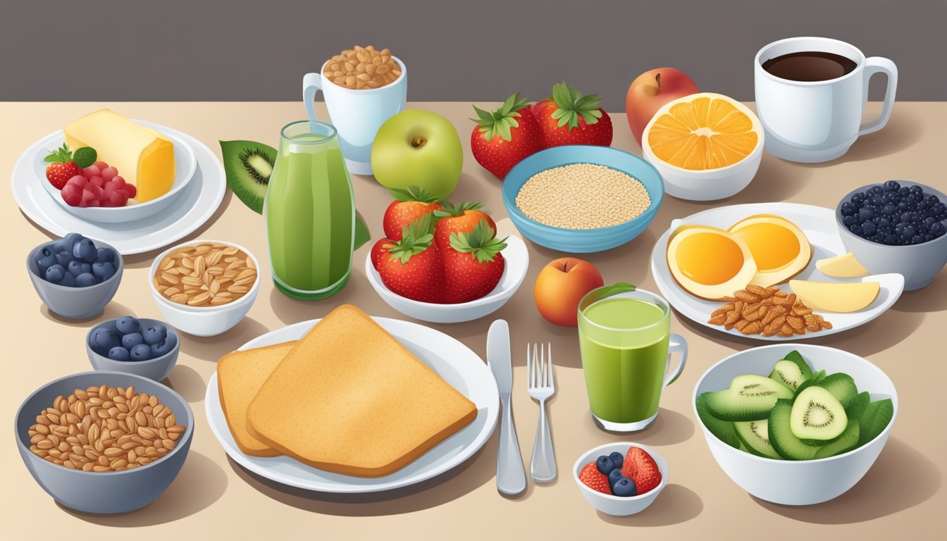 A table set with a variety of healthy breakfast options, including fruits, whole grains, and protein-rich foods