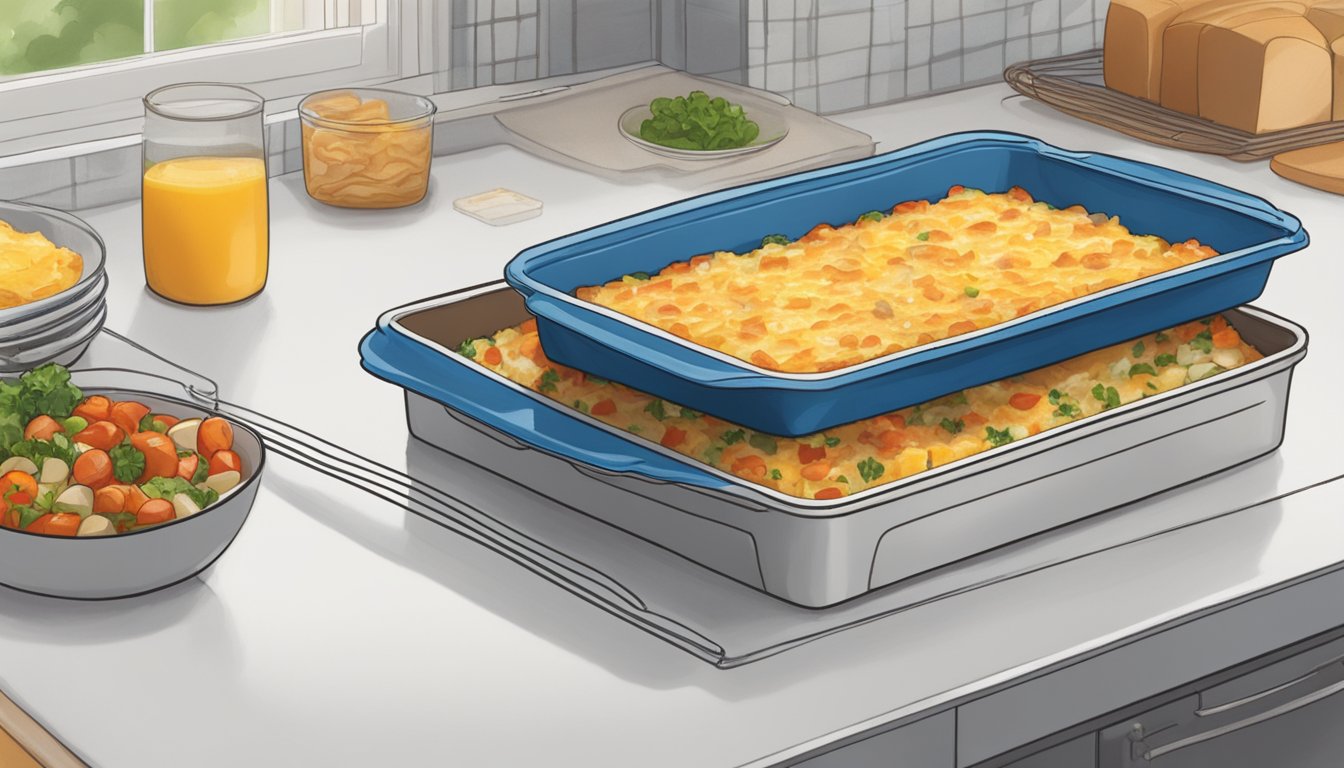 A breakfast casserole sits on a kitchen counter, surrounded by ingredients like eggs, cheese, and vegetables. A freezer door is open nearby, with a container of frozen breakfast casserole inside