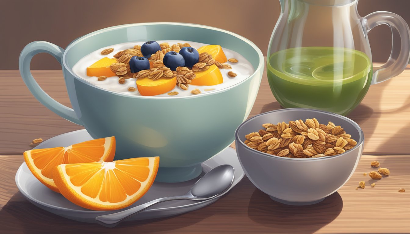 A bowl of fresh fruit, yogurt, and granola sits on a wooden table, next to a glass of orange juice and a steaming cup of herbal tea