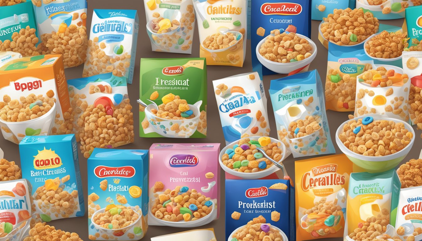 A bowl of various breakfast cereals, with a spoon and milk on the side. Each cereal box prominently displays its iron content