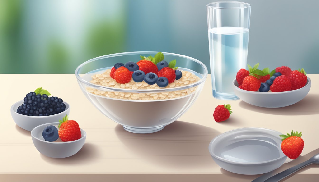 A bowl of oatmeal with fresh berries and a glass of water on a table