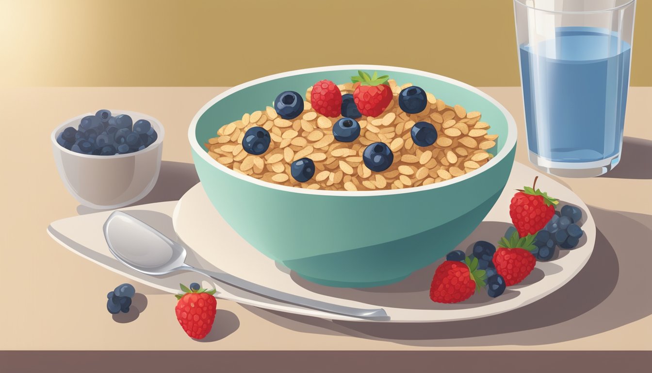 A bowl of whole grain, low-sugar cereal with fresh berries and a glass of water on a breakfast table