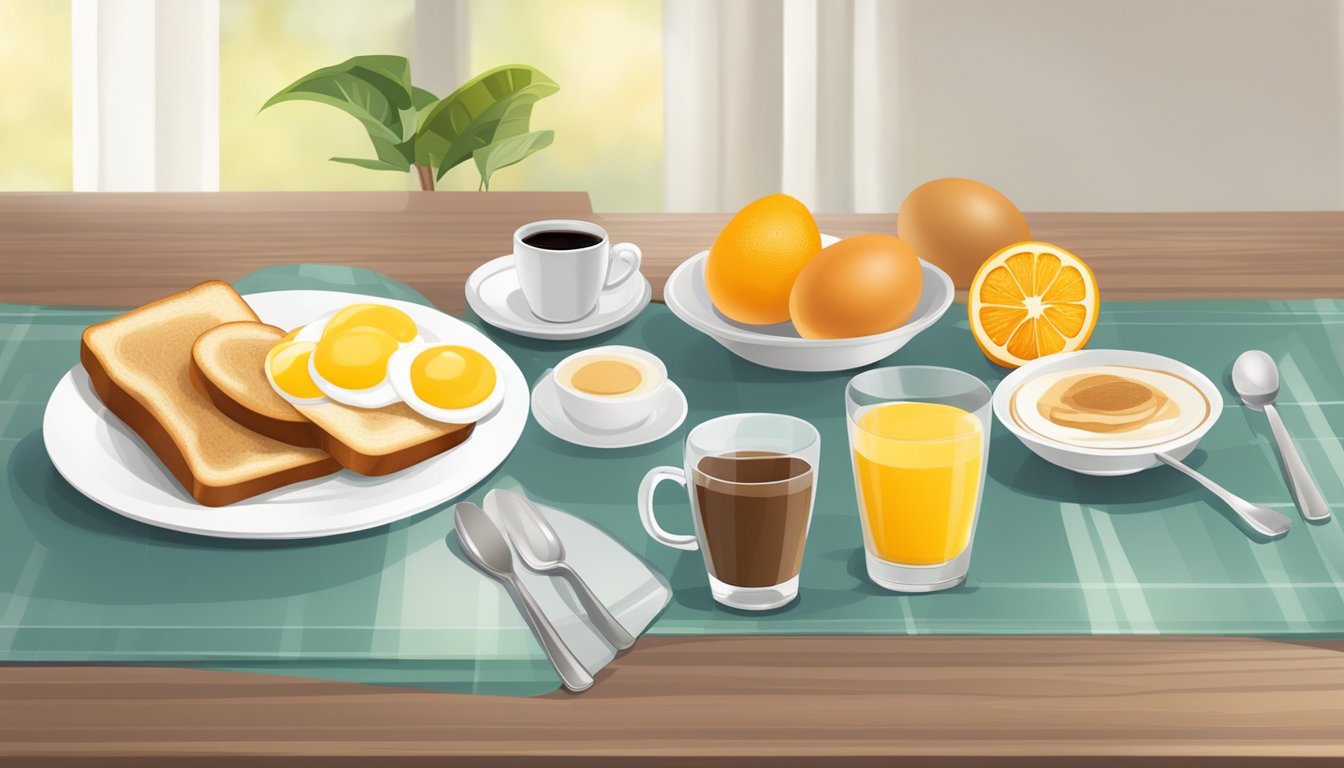 A table set with a variety of breakfast essentials: a bowl of fruit, a glass of orange juice, a plate of eggs and toast, and a cup of coffee