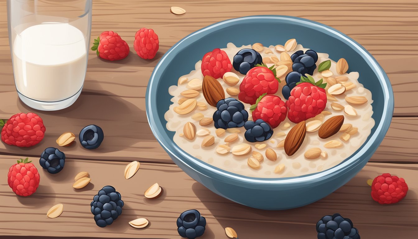 A bowl of oatmeal topped with fresh berries and nuts, accompanied by a glass of unsweetened almond milk, sits on a wooden table