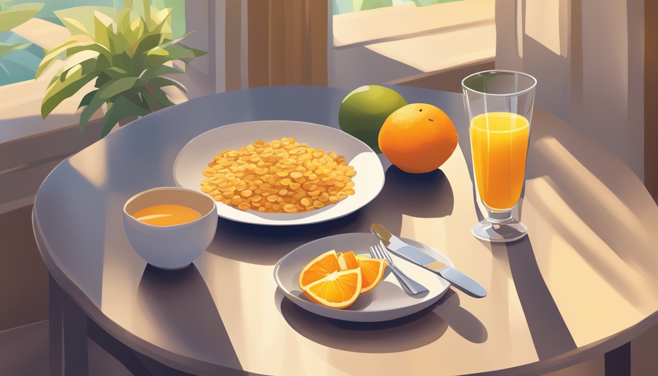 A sunny breakfast table with a bowl of cereal, a glass of orange juice, and a plate of fruit, all surrounded by a warm, inviting atmosphere