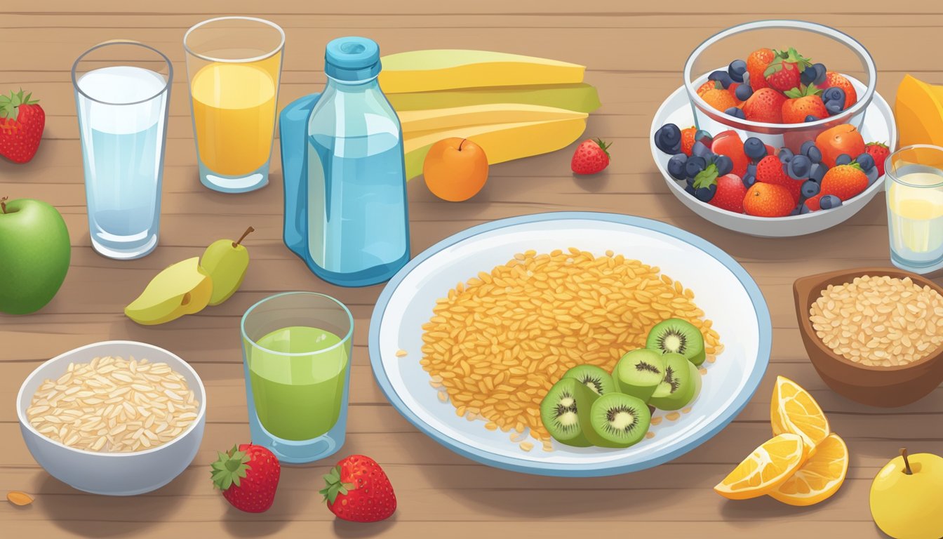 A colorful spread of whole grains, fruits, and dairy on a table, with a glass of water and a measuring tape nearby