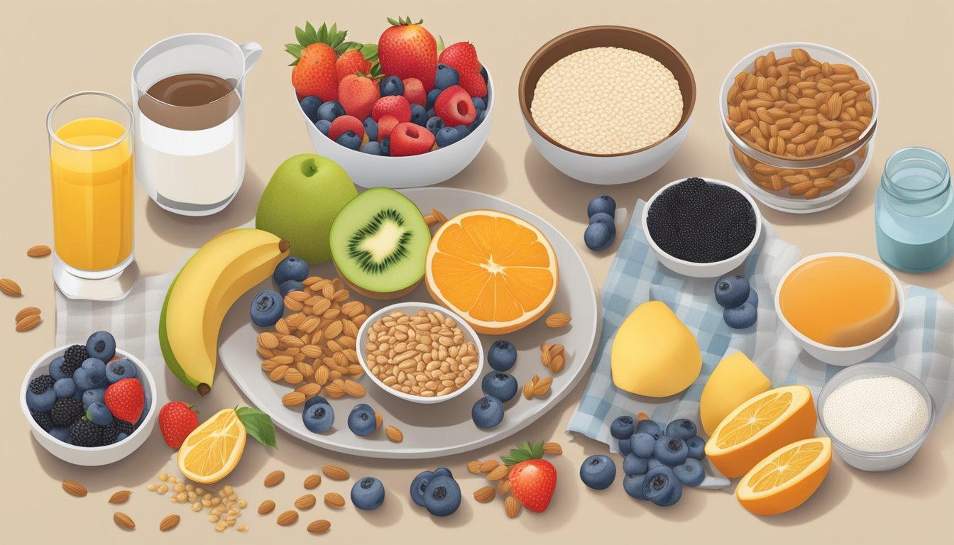 A spread of breakfast essentials - fruits, grains, dairy, and protein - laid out on a table for nutritional analysis