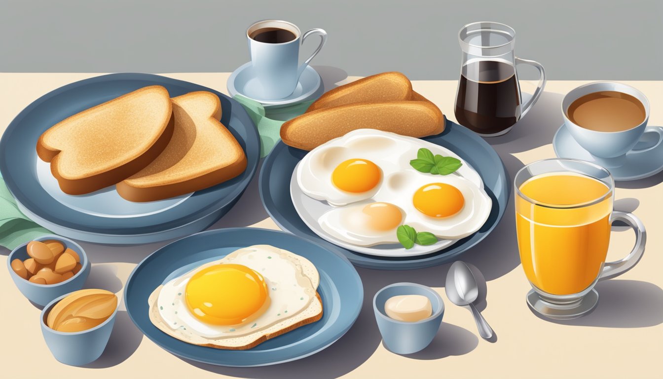 A table set with various breakfast essentials: a bowl of fruit, a glass of orange juice, a plate of eggs and toast, and a cup of coffee