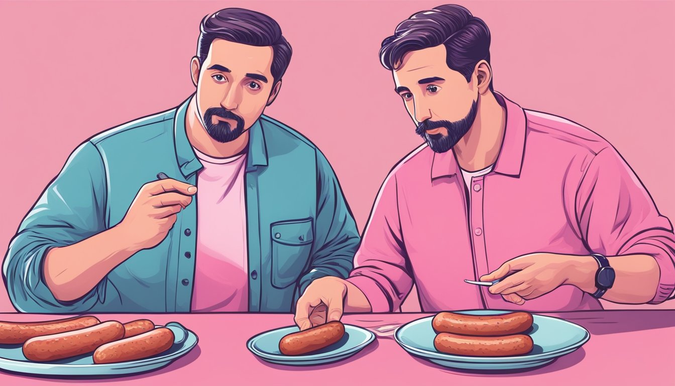 A person holding a plate with a pink breakfast sausage, surrounded by questioning looks and a health inspector pointing at the sausage