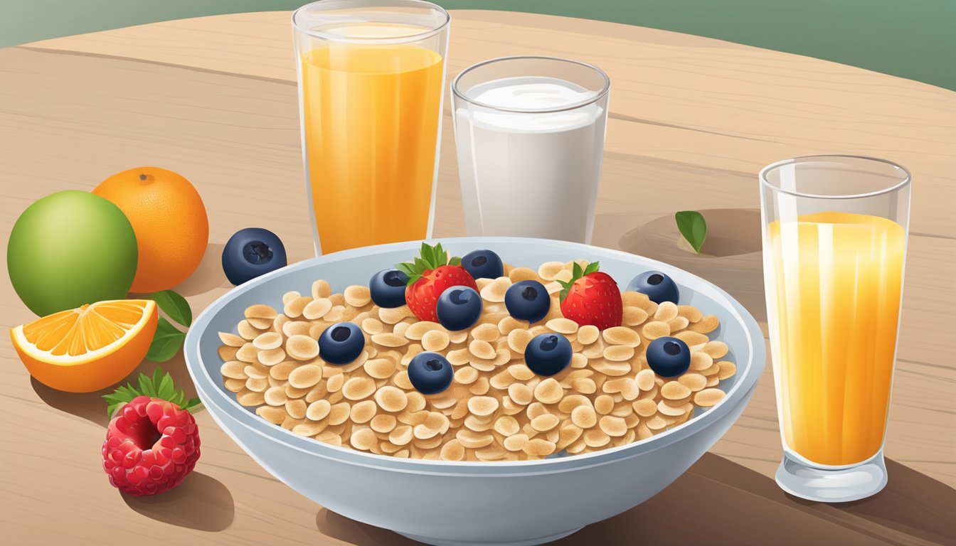 A bowl of whole grain cereal with fresh fruit, a glass of orange juice, and a side of yogurt on a table