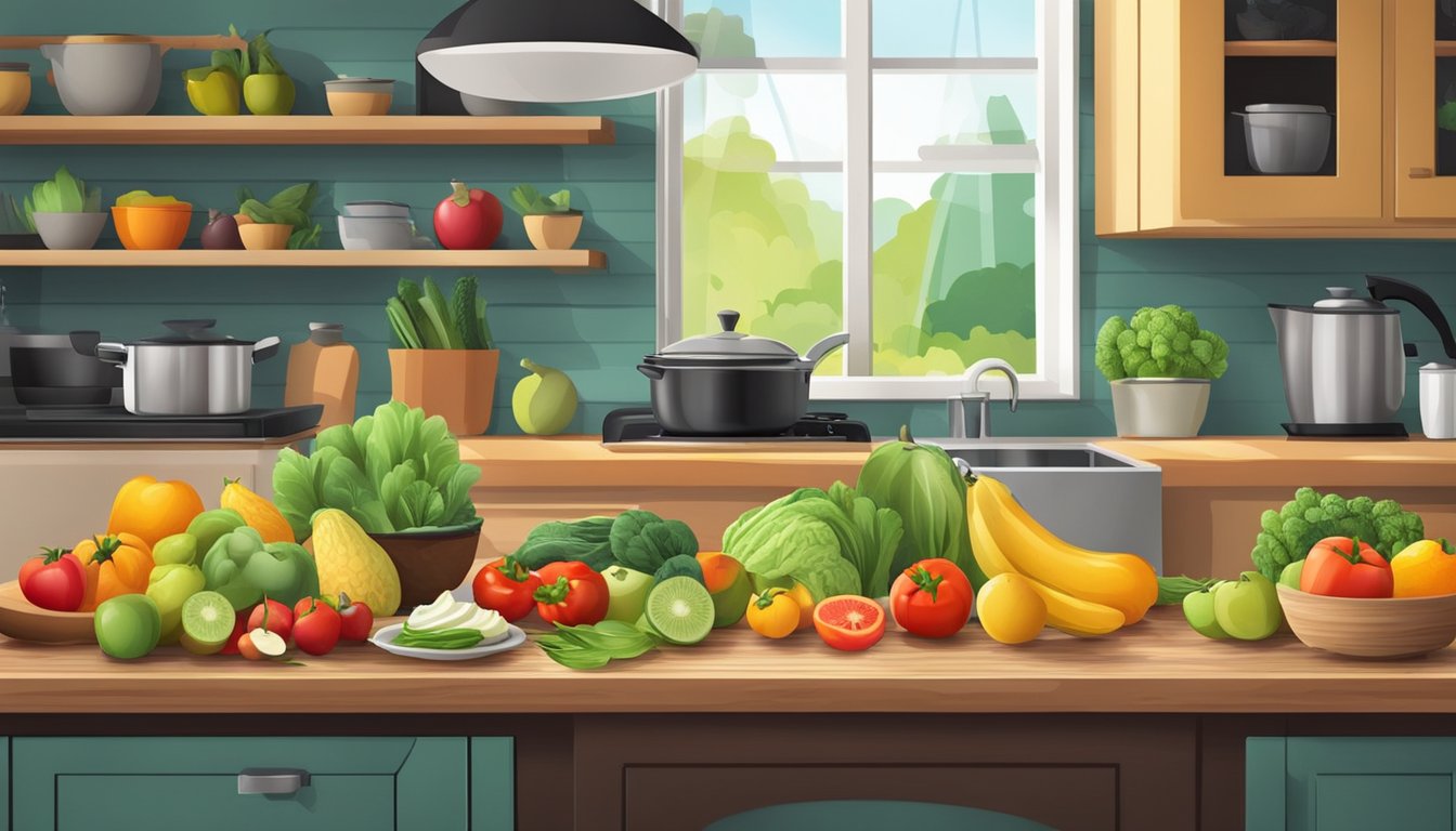 A colorful kitchen scene with a variety of fresh fruits, vegetables, and cooking utensils laid out on a wooden table