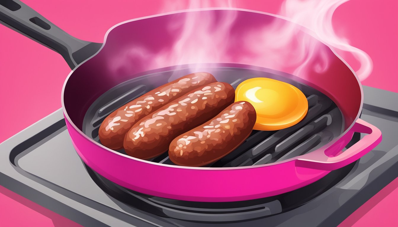 A sizzling breakfast sausage cooking on a hot skillet, emitting steam and turning a vibrant pink color as it cooks