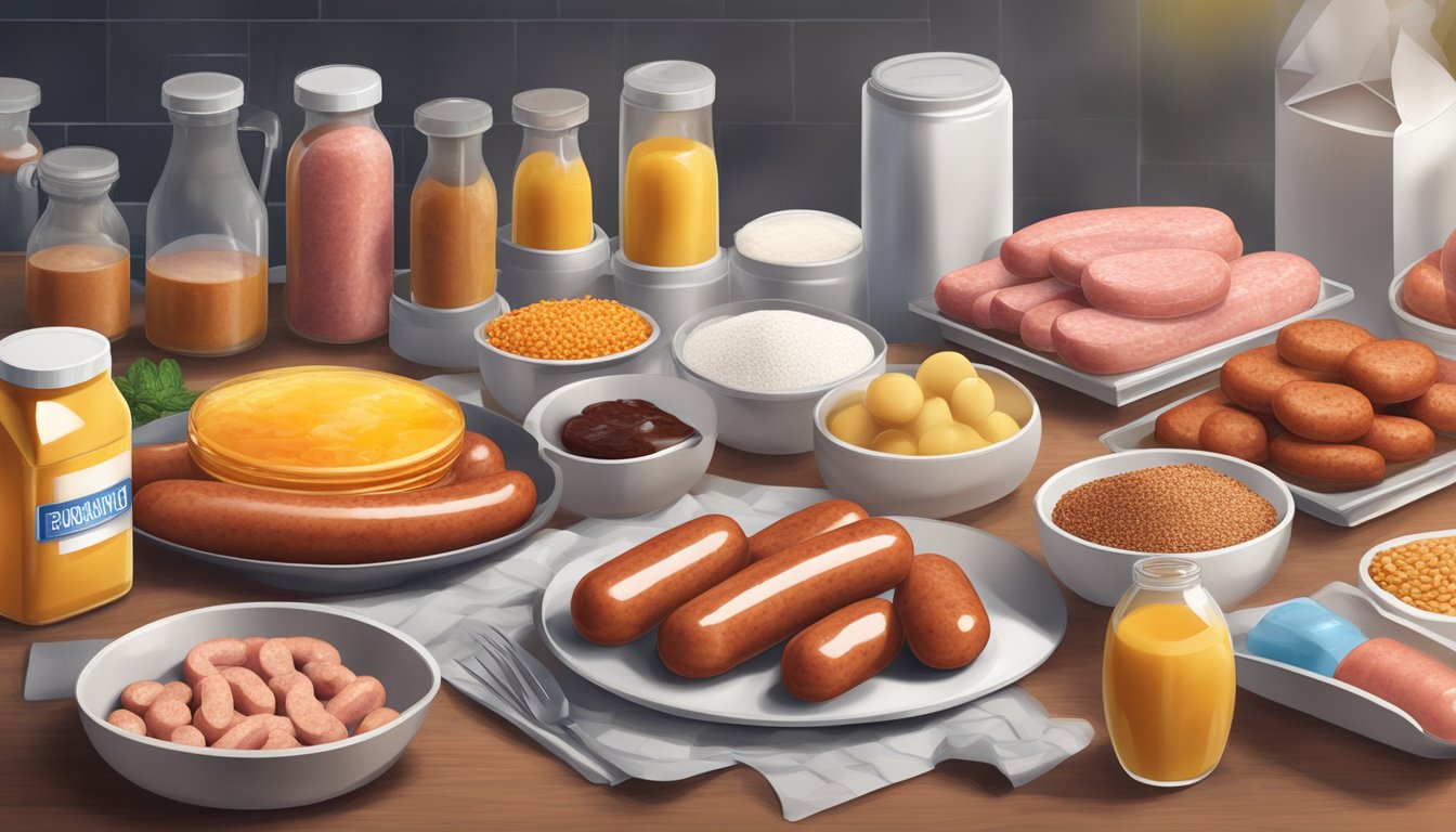 A package of breakfast sausages surrounded by various food additives and preservatives in a factory setting