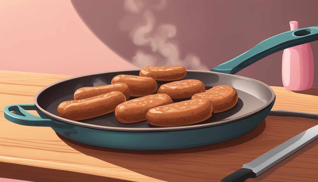 A plate of breakfast sausage, some still raw, with a pinkish hue, sits on a wooden cutting board next to a sizzling frying pan