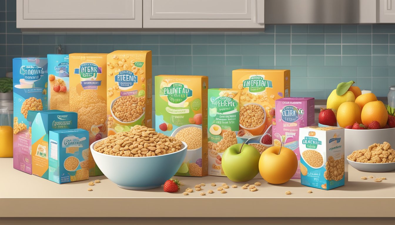 A colorful array of gluten-free cereal boxes arranged on a kitchen countertop, with various fruits and milk nearby