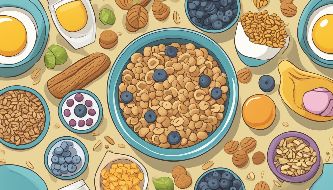 A colorful array of gluten-free breakfast cereals surrounded by symbols indicating their nutritional considerations