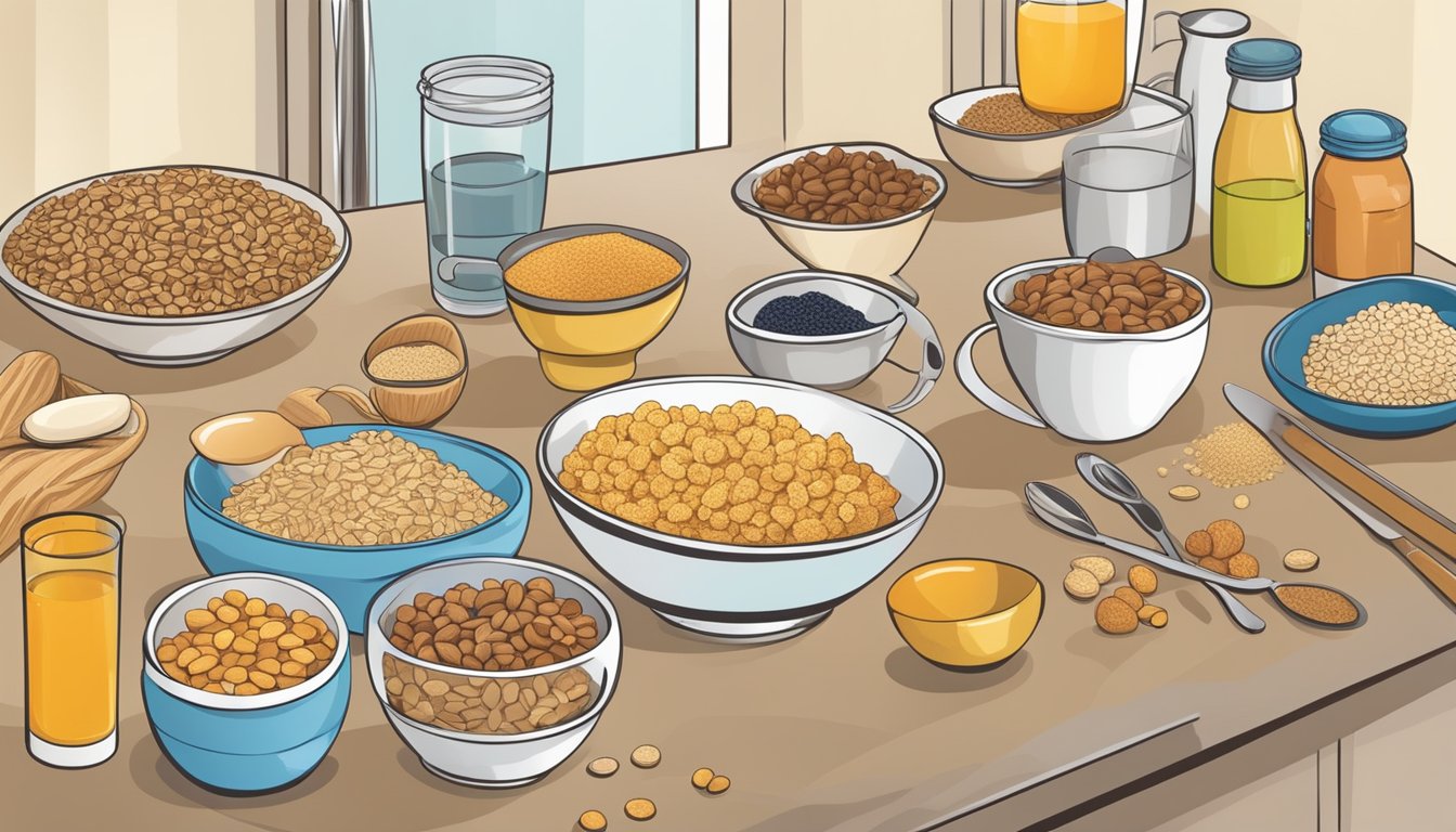 A kitchen counter with a variety of breakfast cereals, some labeled "gluten free," and separate utensils for handling each type