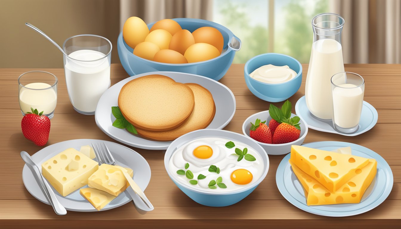 A table set with a variety of breakfast foods including eggs, yogurt, nuts, and cheese, with a glass of milk and a bowl of fruit