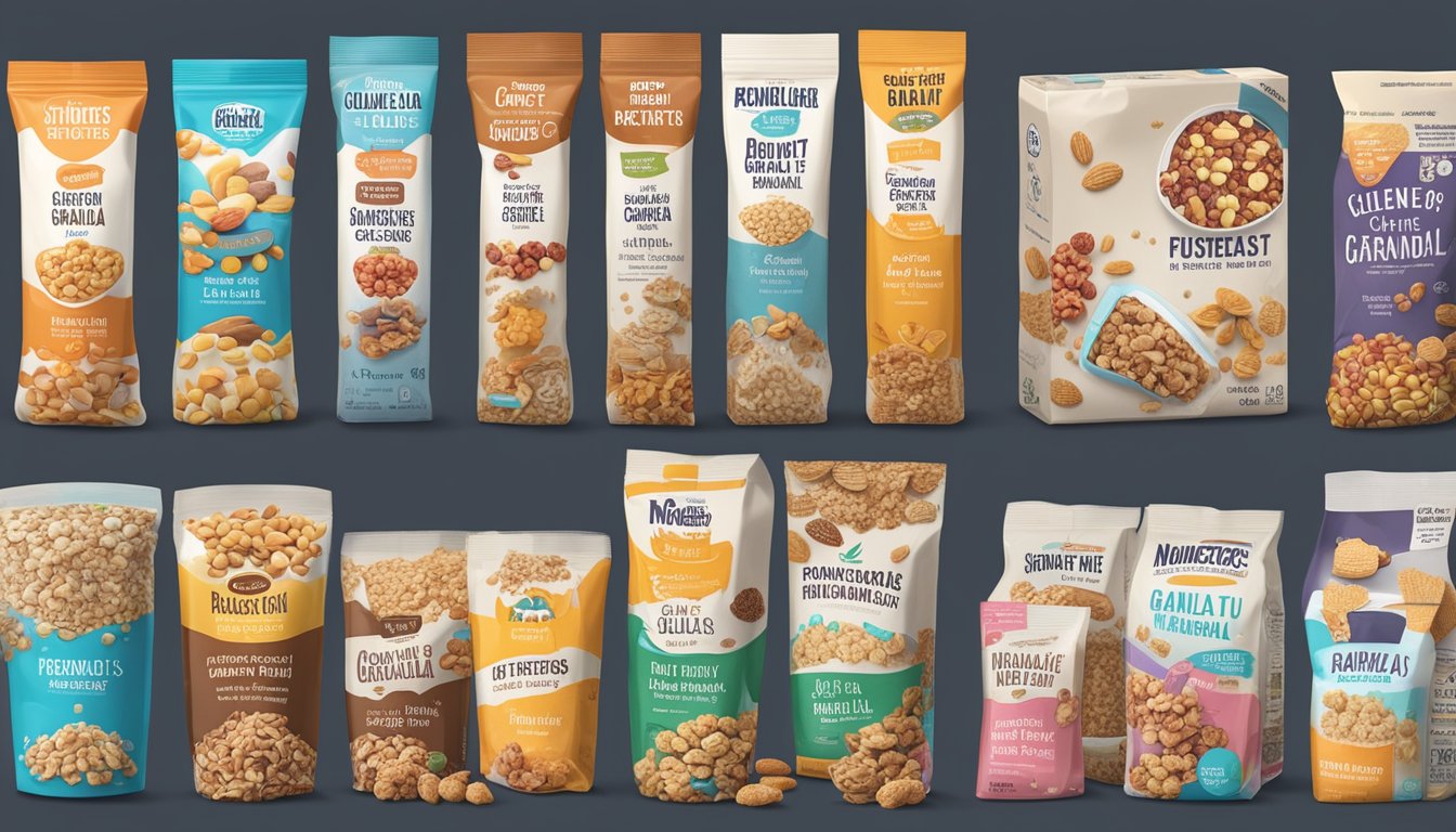 A variety of gluten-free breakfast cereals displayed next to portable, on-the-go snack options like nuts, fruit, and granola bars