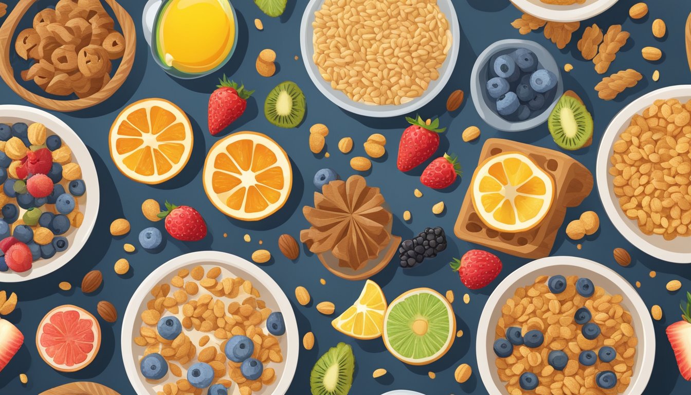 A colorful array of breakfast cereals, with various fruits and grains, surrounded by advanced gluten detection devices