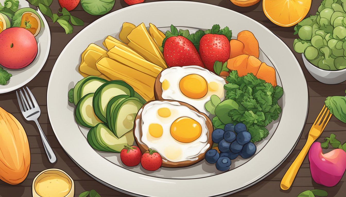 A plate of breakfast potatoes surrounded by colorful fruits and vegetables