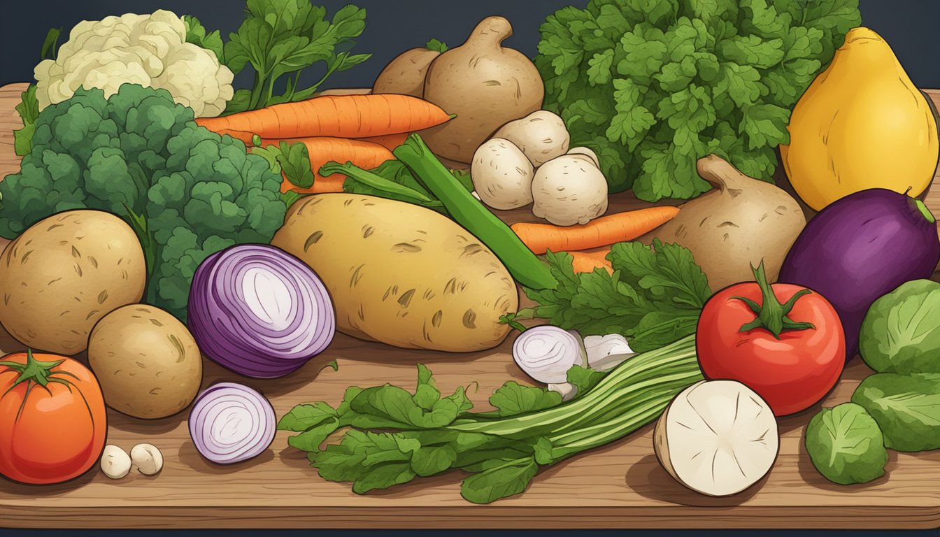 A variety of fresh vegetables and potatoes being washed, peeled, and chopped on a wooden cutting board