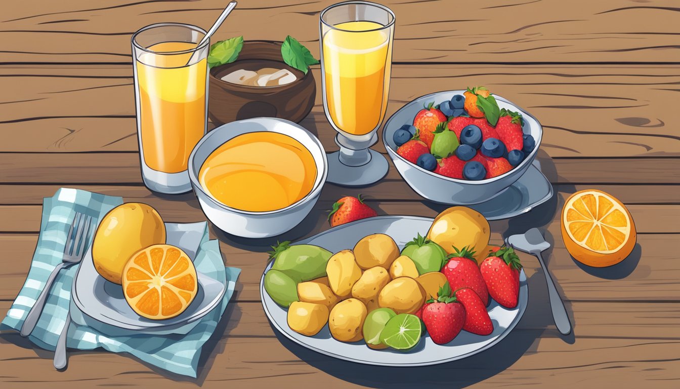 A plate of golden-brown breakfast potatoes surrounded by colorful fruits and a glass of orange juice on a rustic wooden table