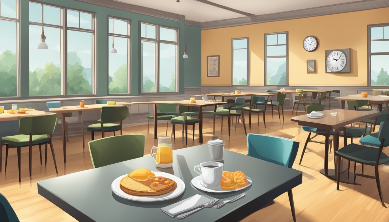 A table with untouched breakfast foods, surrounded by empty chairs and a clock showing a late morning time