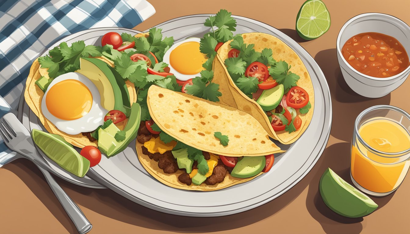 A plate of breakfast tacos surrounded by fresh ingredients like eggs, avocado, tomatoes, and cilantro, with a side of salsa and a glass of orange juice