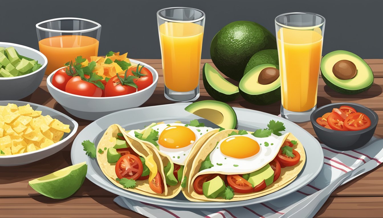 A plate of breakfast tacos surrounded by fresh ingredients like tomatoes, avocados, and eggs, with a side of salsa and a glass of orange juice