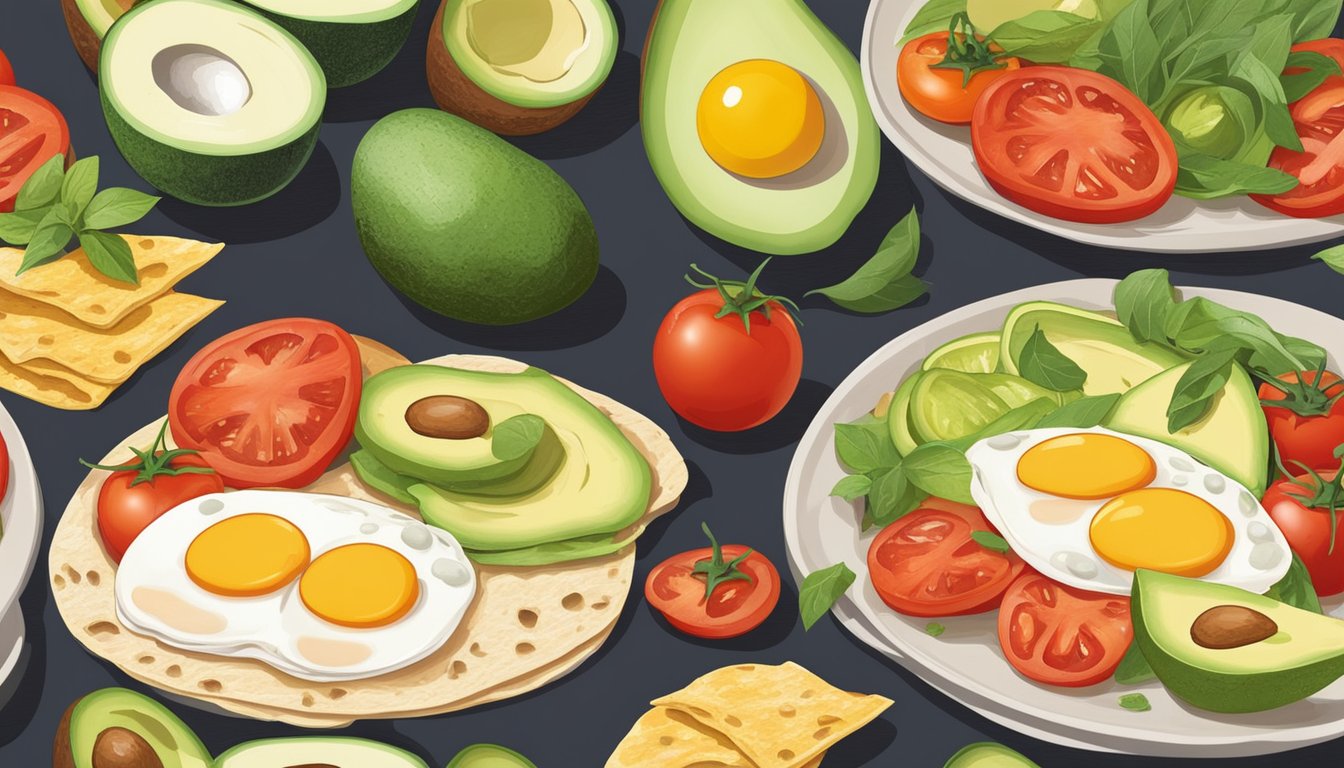 A colorful array of fresh ingredients, including eggs, avocado, tomatoes, and peppers, are being carefully arranged on a warm tortilla